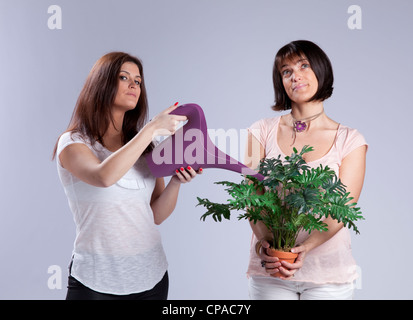 One woman holding a watering can and the other holding a plant Stock Photo