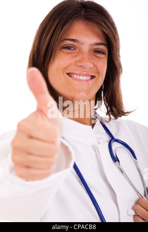 friendly woman doctor making Ok gesture (isolated on white) Stock Photo