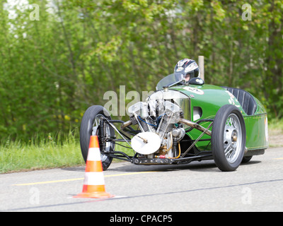 Vintage tricycle race car Morgan Super Sport from 1936 at Grand Prix in Mutschellen, SUI on April 29, 2012. Stock Photo