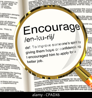 Encourage Definition Magnifier Shows Motivation Inspiration And Reassurance Stock Photo