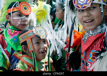 USA, Montana, Crow Agency. articipants in the powwows held during the annual Crow Fair, taking place at the Crow Agency, Montana Stock Photo