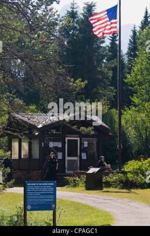 USA, Montana, Glacier National Park. Goat Haunt Ranger Station welcomes hikers into the United States from Waterton Lakes Stock Photo