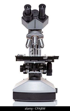 Photo of a professional ocular laboratory microscope with stereo eyepiece isolated on a white background. Stock Photo