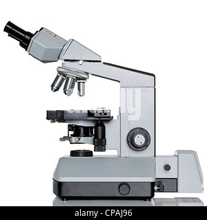 Photo of a professional ocular laboratory microscope with stereo eyepiece isolated on a white background. Stock Photo