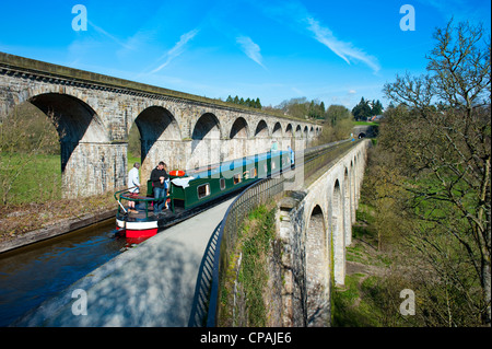 Narrow boats on Llangollen Canal crossing Chirk aqueduct, Wales, UK Stock Photo