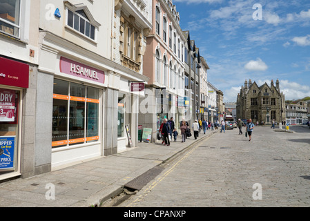 Truro Boscawen Street shops and cobblestone road.  Cornwall UK. Stock Photo