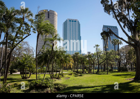 Plant Park, University of Tampa Campus, downtown Tampa skyline in the  background, Florida, USA Stock Photo