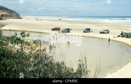 People walking the waters of Eli Creek close to the eastern beaches of Fraser island, UNESCO world heritage site of Queensland Stock Photo
