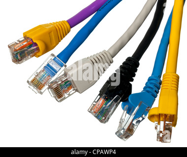 Macro shot of plugs on cat5e cables of many colors isolated against white background Stock Photo