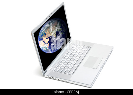 Isolated laptop displaying a globe on the laptop Stock Photo