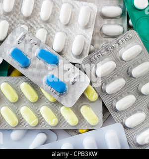 Close up of pills, tablets and capsules. Stock Photo