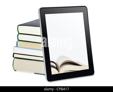 a tablet pc with books isolated on white. Education concept. Stock Photo