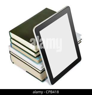 a tablet pc with books isolated on white. Education concept Stock Photo