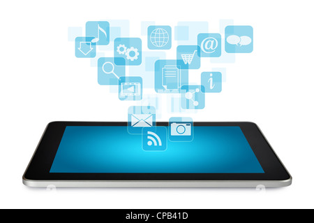 Tablet PC with cloud of application icons isolated on white background Stock Photo