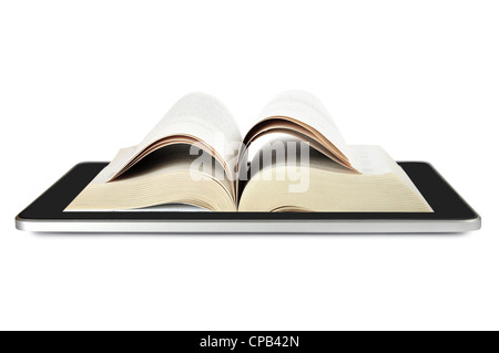 Book and tablet computer model isolated on white, digital library concept, Objects with Clipping Paths. Stock Photo