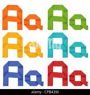 Set of capital letter and lowercase letter 'A' in various color. Origami alphabet letter on white background. Stock Photo