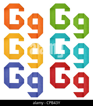 Set of capital letter and lowercase letter 'G' in various color. Origami alphabet letter on white background. Stock Photo