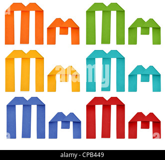 Set of capital letter and lowercase letter 'M' in various color. Origami alphabet letter on white background. Stock Photo