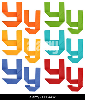 Set of capital letter and lowercase letter 'Y' in various color. Origami alphabet letter on white background. Stock Photo
