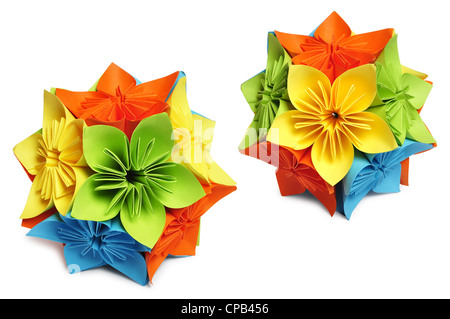 Classic Royal kusudama. Colorful paper origami isolated on white. Stock Photo
