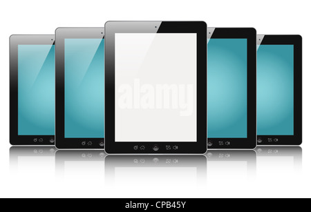 Row of digital touch screen devices with blank screen isolated on white. Stock Photo