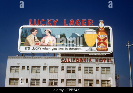 Beer billboard on hotel rooftop in Long Beach, CA circa 1959 Stock Photo