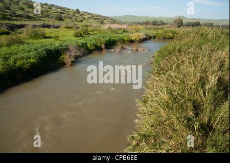 The muddy brown waters of the Jordan River flow toward the Sea of Galilee in northern Israel. Stock Photo