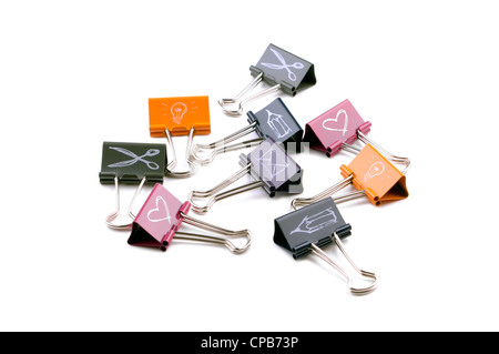 colored paper clips with the drawings, on white Stock Photo