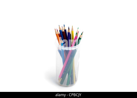 Colourful drawing art pencils in a holder isolated on a white background. Stock Photo