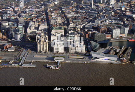 aerial view of Liverpool waterfront with Liver Building and new developments Stock Photo