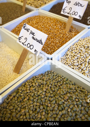 Colorful array of pulses, grains and rice, Catania, Sicily, Italy Stock Photo