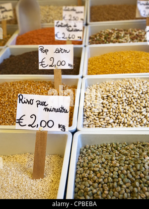 Colorful array of pulses, grains and rice, Catania, Sicily, Italy Stock Photo