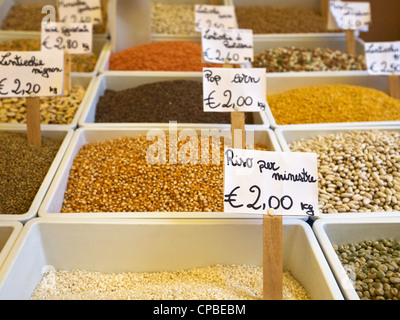 Colorful array of pulses, grains and rice, Catania, Sicily, Italy Stock Photo