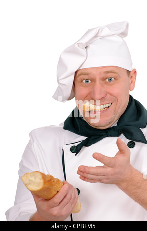 funny chef eating loaf isolated on white background Stock Photo