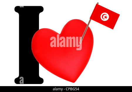 Small flag on a red heart and the word I to express love for the national flag of Tunisia Stock Photo