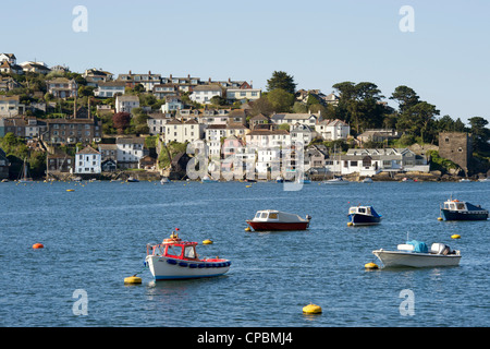 Boats in Fowey Harbour looking over to Polruan. Cornwall, England Stock Photo