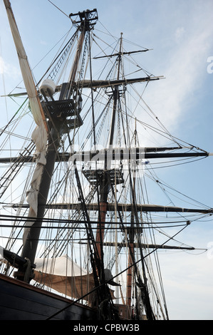 HMS Bounty: View of rigging and masts from deck Stock Photo