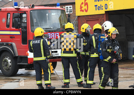 London Fire Brigade Firefighters at BA Control point during a fire in Dagenham East London Stock Photo