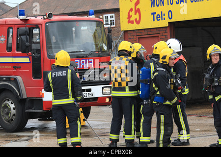 London Fire Brigade Firefighters at BA Control point during a fire in Dagenham East London Stock Photo