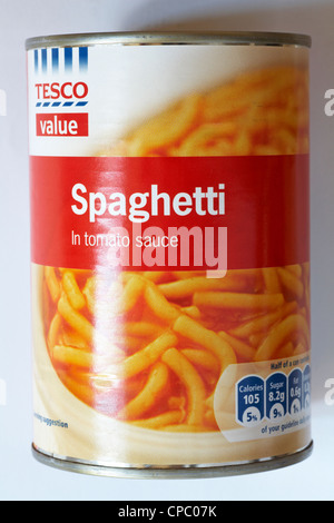 can of Tesco value Spaghetti in tomato sauce isolated on white background Stock Photo