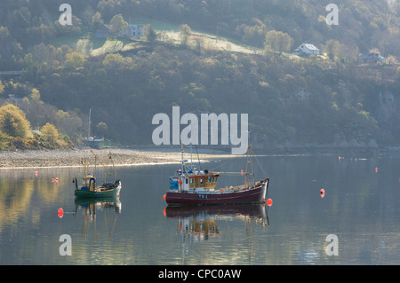 Boats anchored in Loch Broom at Ullapool, Ross-shire, Scotland. Stock Photo