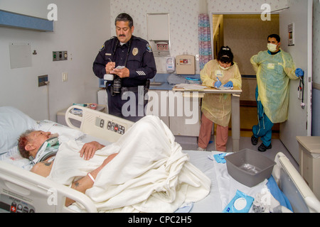 At a local hospital a Hispanic police crime scene investigator photographs injuries to an elderly homeless man assault victim. Stock Photo