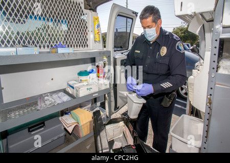 In his official van in Santa Ana, CA, a Hispanic police officer prepares a scent transfer unit at a crime scene. Stock Photo
