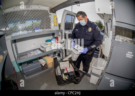 In his official van in Santa Ana, CA, a Hispanic police officer prepares a scent transfer unit at a crime scene. Stock Photo