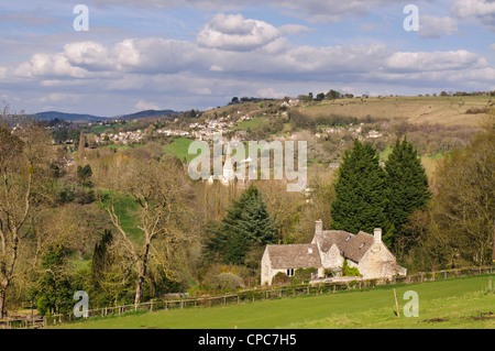 View of The Parish Church of St Mary in Woodchester and Rodborough Common in the background, Gloucestershire, Cotswolds, UK Stock Photo