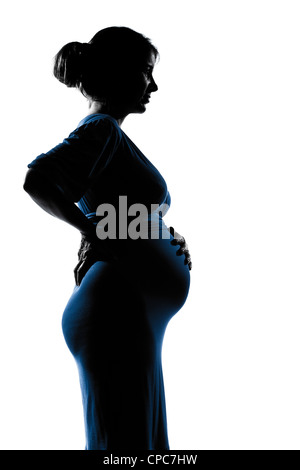 beautiful caucasian pregnant woman in silhouette on studio isolated white background