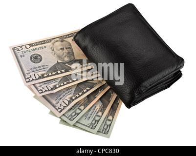 Leather wallet with some dollars, clipping path Stock Photo