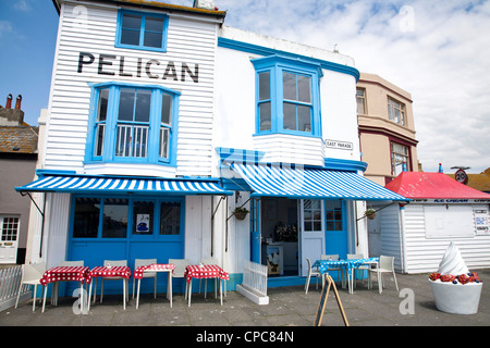 Pelican fish & Chips seaside restaurant cafe on the seafront Hastings. Stock Photo