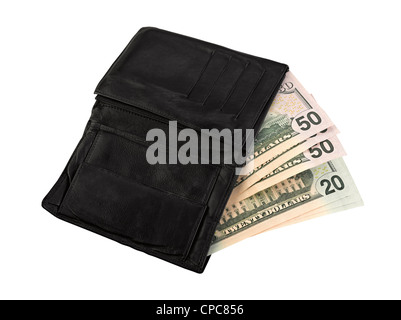 Leather wallet with some dollars, clipping path Stock Photo