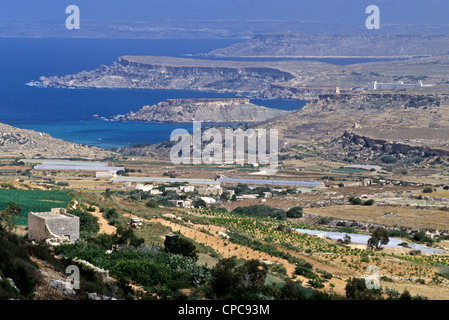 Ghajn Tufieha Bay, Golden Sands Bay, northwest Malta. Farmland. Plastic-covered tubes improve growing conditions for vegetables. Stock Photo